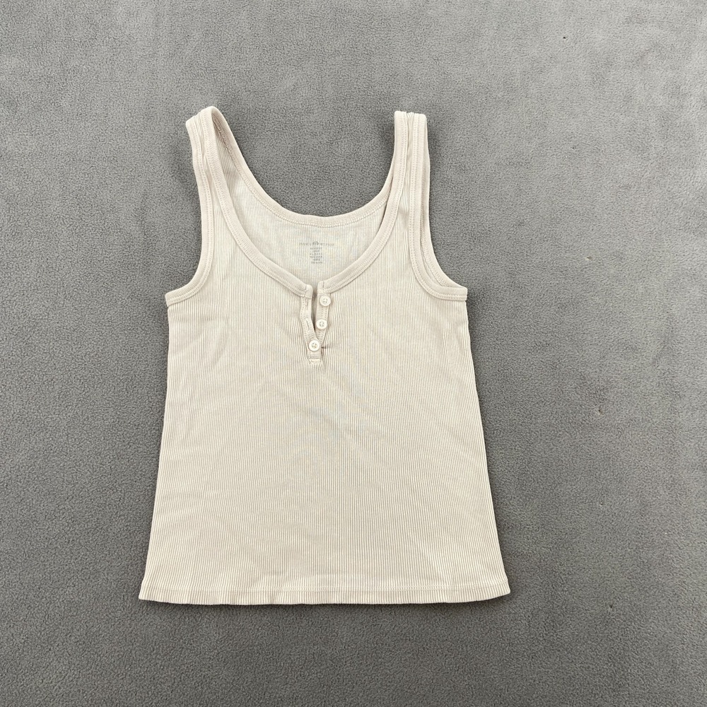 Brandy Melville Ribbed Crop Tank Top Sz S Beige Wide‎ Strap Henley Button Front